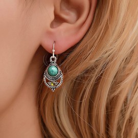 Atentuyi Turquoise Earring Silver Turquoise Dangle Earring Green Dangle Drop Earring Vintage Turquoise Hook Earring Lnlay Crystal Earring Boho Jewelry for Women and Girls