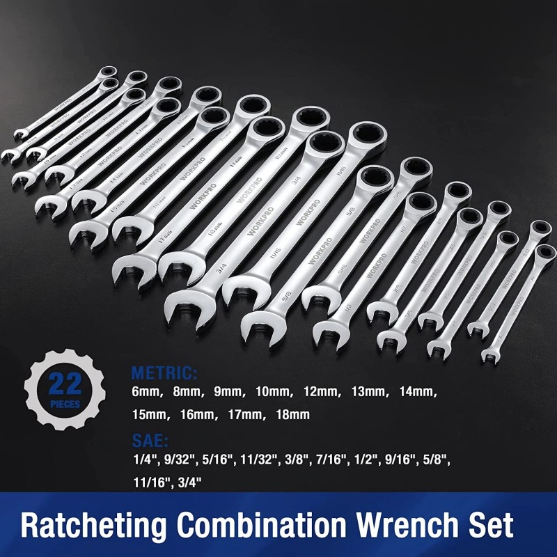 WORKPRO 22-Piece Ratcheting Wrench Set 180-degree flex head 72 Teeth