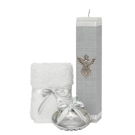 Kit de Bautizo Gris Con Cirio Vela Concha Pewter Toalla para niño niña