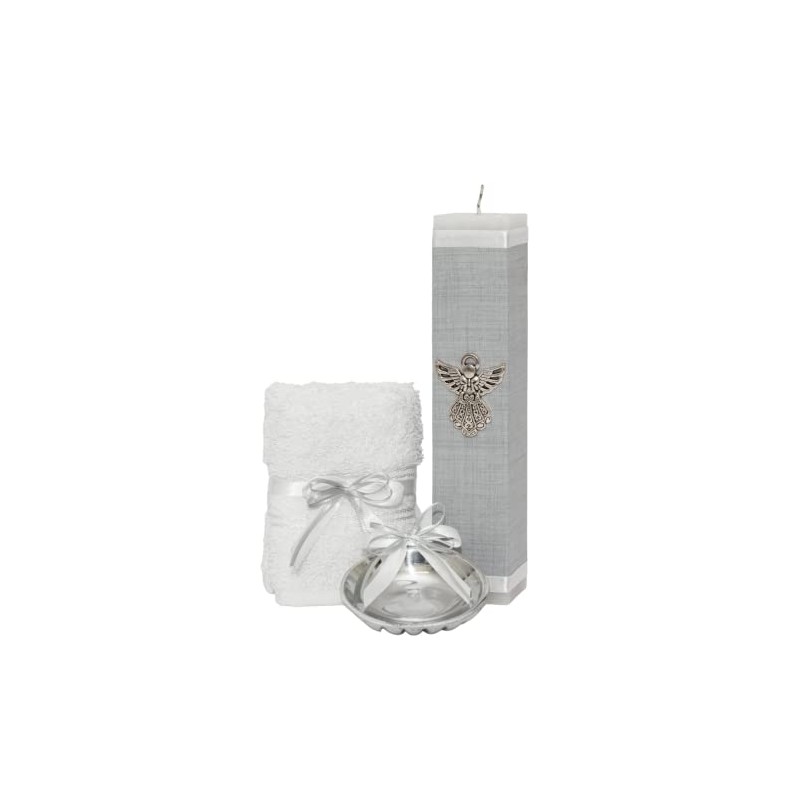 Kit de Bautizo Gris Con Cirio Vela Concha Pewter Toalla