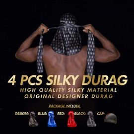 4PCS Silky Durags for Men 360 Waves, Designer Do Rag, 1 Wave Cap