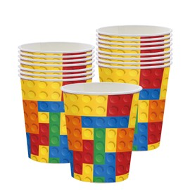 POPOYU 16Pcs Party Cups,Building Blocks Paper Cup,9oz/250ml Colorful Building Blocks Themed Cups for Kids,Table Decorations for Boys Girls Birthday Party Supplies for 16 Guests
