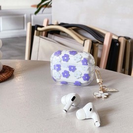 Faneiy for AirPods 4th Generation Case with Keychain,Cute Clear Purple Flower Floral Protective Earphone Cover,Soft Transparent TPU for AirPods 4 Case Women Girl