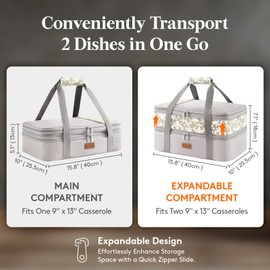 Lifewit Expandable Insulated Casserole Carrier for Hot or Cold Food, Double Decker Food Bag Lasagna Holder Carry Tote for Potluck Parties/Picnic/Cookouts, Fits 9"x13" Baking Dish, Grey-Flowers