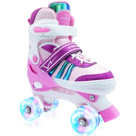 SMOOJOY Roller Skates for Girls Kids Boys,4 Size Adjustable Indoor Outdoor Rose Red Quad Rollerskates with Light up Wheels for Beginners Ages 8-12