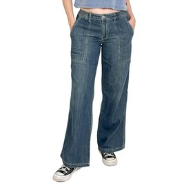 FIVESTAR GENERAL Women’s Juniors 4-Pocket Elastic Waist Wide-Leg Denim Carpenter Pant, Low Rise, with Button Closure
