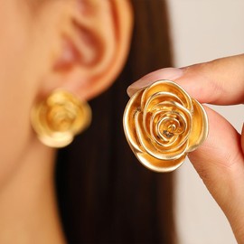 14k Gold Flower Statement Dangle Earrings for Women Boho Fashion Vintage Rose Petal Stud Earrings Exquisite Metallic Floral Earrings Jewelry Gifts (Gold)