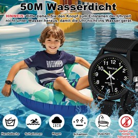 SOCICO Children's Analogue Watches for Girls Boys Children Watches with Soft Band Learning Time 50 m Waterproof Easy to Read for Age 4-12 Child Birthday Gift, black, Minimalist