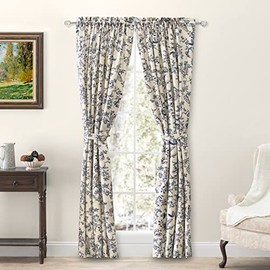Ricardo | Waverly Gardens Tailored Panel Pair w/Tiebacks | 54" L X 42" W per Panel | Indigo | Farmhouse Curtains | Light-Filtering | Leaf Design | Soft Cotton | Livingroom Drapes | Machine Washable