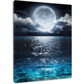 LB Framed Moon Over Ocean Canvas Wall Art Night Sky Full Moon White Cloud Painting Canvas Prints Wall for Living Room Bedroom Bathroom Home Decor Ready to Hang,8x10 inches