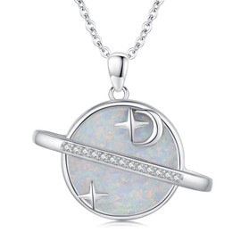 StoryEtain Saturn Necklace 925 Sterling Silver Saturn Opal Pendant Necklace Planetary Jewellery Gift for Women Girls Saturn Lovers