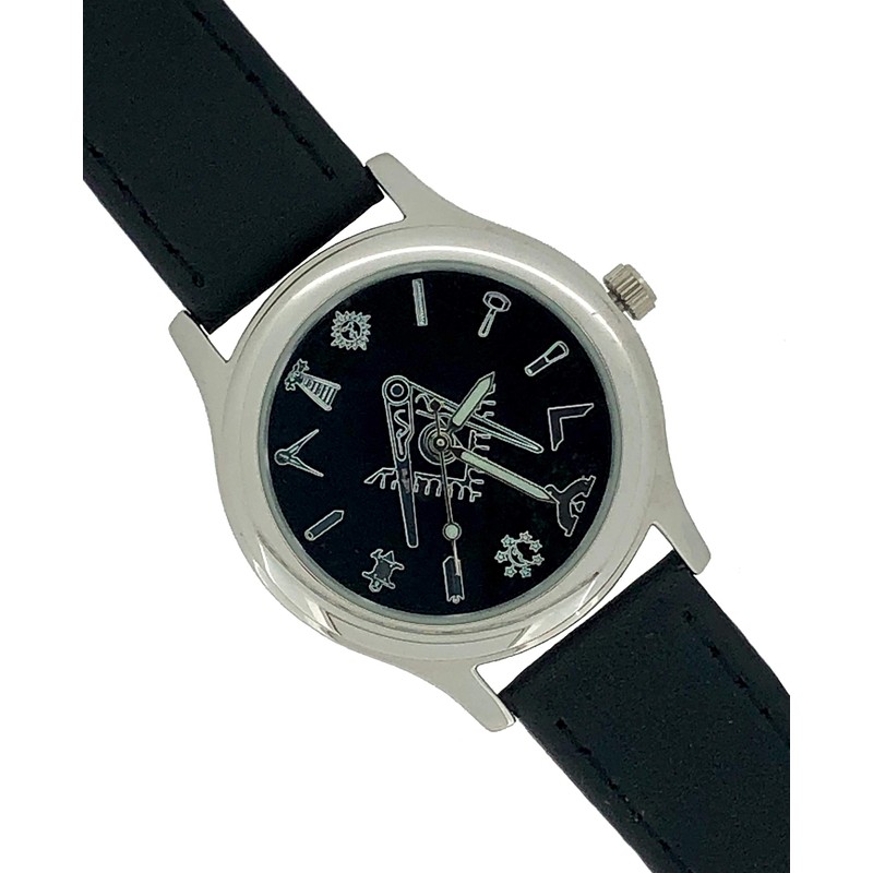 WESTIME Masonic Freemason Square and Compass Black Dial Leather Wrist