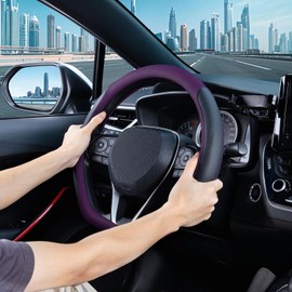 SEG Direct D Shaped Steering Wheel Cover for 14.5-15 inch Flat Bottom Wheels, Breathable Perforated Microfiber Leather, Anti-Slip Grip, Universal Fit for Cars & SUVs, Black and Dawn Purple