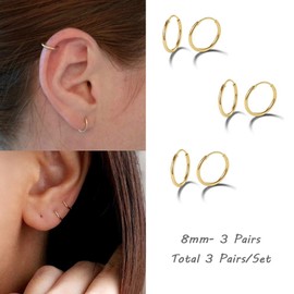 EPIRORA Sterling Silver Hoop Earrings for Women Men, Hypoallergenic Cartilage Earring Endless Small Hoop Earrings Set, 3 Pairs Tragus Earrings (Gold,8mmx3)