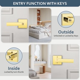 EHOMEWARE 4 Pack Bedroom Door Knobs with Lock and Key, Keyed Alike Brass Door Handles for Interior/Exterior Doors, Modern Entry Door Lever Handle Lock in Polished Brass Finish