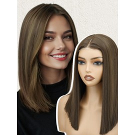 NOSTLAGIA Brown Highlight Bob Wigs Synthetic Lace Front Wig,Mide Part Short Straight Glueless Bob Wig for White Women Daily Use 14 Inch