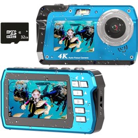 Waterproof Digital Camera, Underwater Camera with 32GB Card(Installed), 4K FHD 48MP Dual-Screen Selfie Under Water Camera for Photography, 10FT Waterproof Camera for Snorkeling, Surfing, Rafting