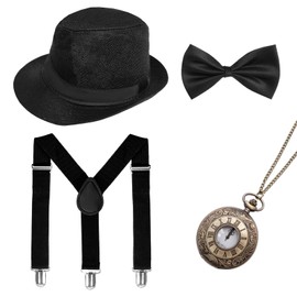 Bcxfbxd 4Pcs 1920s Mens Gatsby Adjustable Costume Accessories Set Includes Black Hat Suspenders Classic Pocket Watch Bow-Tie for Men