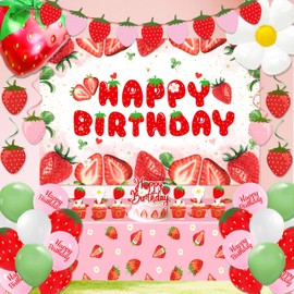 Happy Birthday Decorations For Women Men,Birthday Backdrop,Banner Balloons,Table Cloth,Paper pom poms Party Supplies for Girls Boys (Berry)