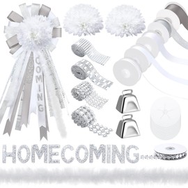 Thiccywoov Homecoming Mum Supplies Set 7'' Artificial Mum Flower Paper Disc Backer Ribbon Homecoming Mum DIY Craft Kit for Homecoming Week Dancing Party King Queen Gift Decor (Sliver,Elegant Style)
