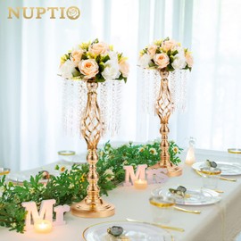 2 Pcs 19.3 inches Gold Centerpieces Table Tall Crystal Flower Stand Wedding Road Lead Tall Flower Holders Centerpiece Crystal Flower Chandelier Metal Flower Vase for Reception Tables Wedding Supplies