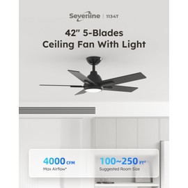 Sevenine 42 Inch Ceiling Fans with Lights and Remote, Black Ceiling Fan with 5 Balde for Outdoor/Bedroom Living Room, Downrod, 6 Speed Reversible DC Motor, 3CCT Dimmable Timer Noiseless, ETL Listed