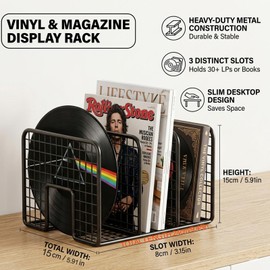 Vinyl Record Holder Storage, 3 Slot Metal Magazine Book Album Display Rack, Stylish Desktop File Tabletop Magazine Holder Rack, Record Storage, Album Storage Rack for LP Records/Magazines/Music Lovers