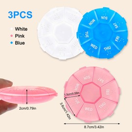 Pack of 3 Pill Box 7 Days Small Pill Box Round Tablet Organiser Bag Weekly Box Portable for Vitamins Dietary Supplements Travel and Daily Use Tablet Sorter
