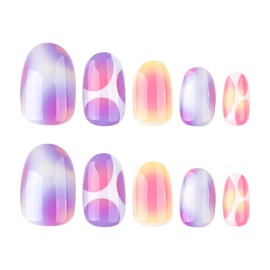 MERVF Oval Press on Nails Short Aura Gradietn Fake Nail Color-blocking Design Glue ons Y2K Purple Round Acrylic Summer Manicure Glossy 24pcs