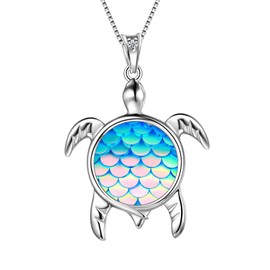 Aurora Tears Turtle Necklace Sea Turtle Pendant 925 Sterling Silver Birthstone Colour Gradient Colourful Mermaid Scales Cute Animal Pendant Charm Necklace, Cubic Zirconia