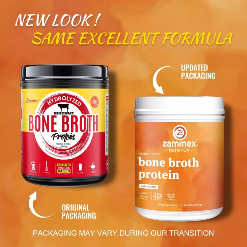 Zammex Grass Fed Bone Broth Powder - 1.32lb,20g Protein Hydrolyzed