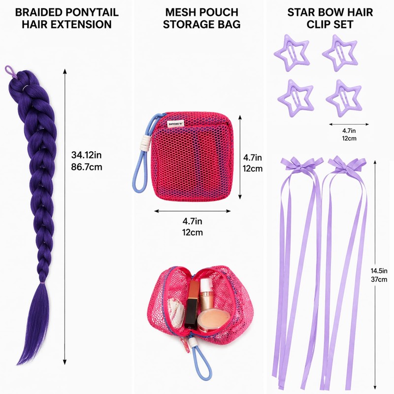 Purple Hair Extension Set - Purple Ponytail Extension - Mesh