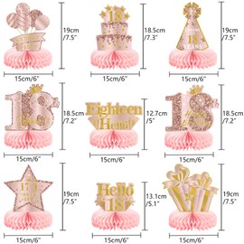 9Pcs 18th Birthday Decorations Pink Rose Gold Honeycomb Centerpieces for Girls,Happy 18th Birthday Table Centerpieces Party Supplies,Eighteen Year Old Birthday Table Decor