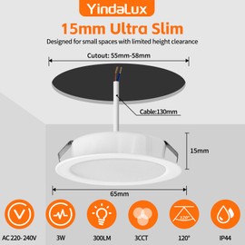 YindaLux Set of 6 LED Recessed Spotlights 230 V 3 W 3000 K Warm White 4000 K Neutral White 6000 K Cool White LED Spot Ultra Flat 300 LM Bore Hole 55-58 mm and 15 mm Flat IP44 Recessed Furniture