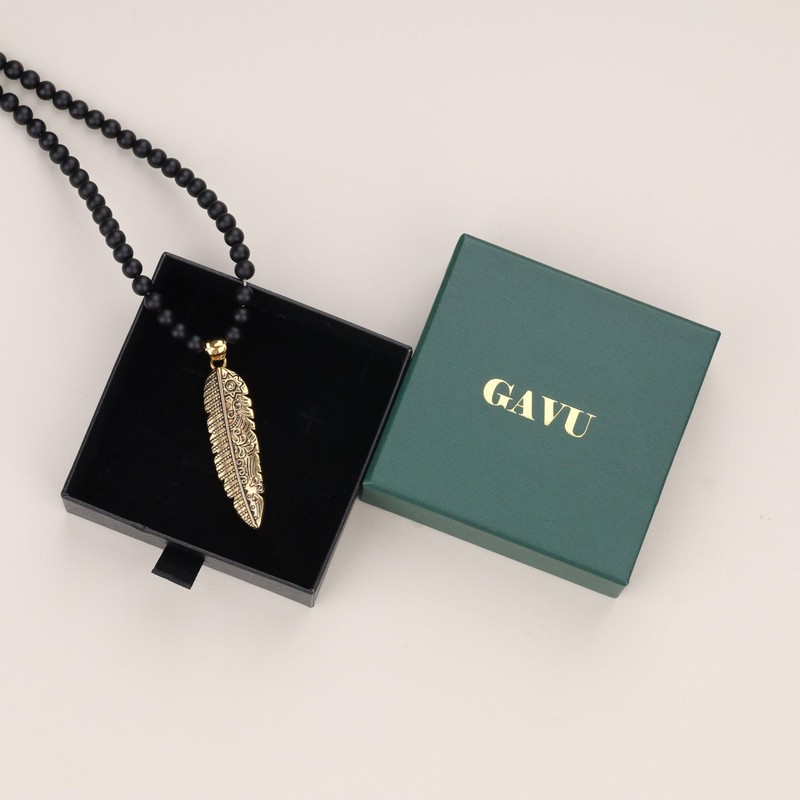 GAVU Mens Matte Onyx Pearl Feather Pendant Necklace, Stone, Onyx