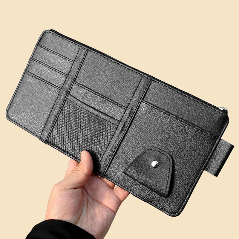 Leather Car Sun Visor Organizer with Net & Zipper, Ultra