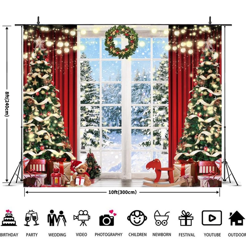 Christmas Backdrop Xmas Tree Window Winter Forest Snow 10x8ft