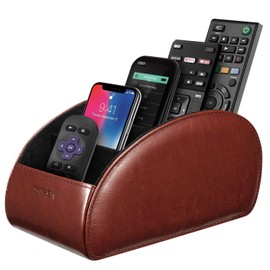 SITHON - Soporte para mando a distancia con 5 compartimentos - [Versión actualizada] de piel sintética organizador de computadora para almacenar TV, controladores de calefactores, Marrón