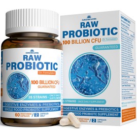 Sunshine & Rain Raw Probiotics for Women & Men - 100 Billion CFU, 35 Strains, Organic Prebiotics & Natural Digestive Enzymes for Digestive, Gut & Immune Health - Dairy, Soy and Gluten Free, Non-GMO, 60 Vegan Capsules