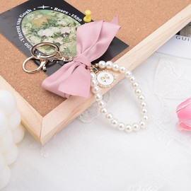 Cute Keychains for Women Wristlet Bow Keychain for Purse Bag Charms for Handbags Pink Pearl Chain Bow Keychain Accessories for Women Purse Bag Keychain Charm Pearl Key Chain Wristlet Bracelet