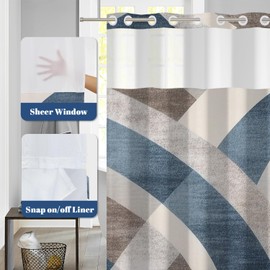 NAEMBCU No Hook Shower Curtain with Snap in Liner Set, Abstract Blue Grey Geometric Print - Mesh Top Waterproof Double Layer Bath Tub Curtain for Modern Minimalist Bathroom Decor, 71W x 74H