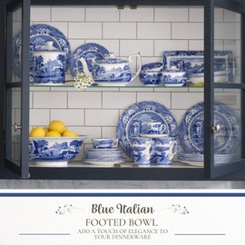 Spode Blue Italian 4.75-Inch Footed Bowl - Decorative Scalloped Edge Serving Bowl with Blue Countryside Design - Elegant Accent Tableware for Salads, Fruit, Sides in Classic Dinnerware Style