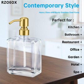 Rzoeox Clear Glass Soap Dispenser with Brushed Gold Pump, 13.5 OZ Liquid Soap Dispenser Square with Stainless Steel Pump with Waterproof Labels for Dish Hand Soap Bathroom Kitchen Vanity Countertop