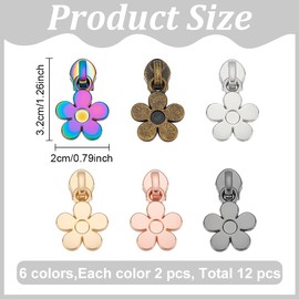 WEBEEDY 12 PCS Flower Zipper Pulls 5# Zipper Pulls 6 Colors Replacement Floral Zipper Sliders Alloy Colorful Zip Head Repair for Luggages Handbag Clothes Shoes DIY Tailors Sewing Accessories,3.2cm