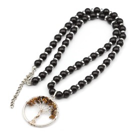 ElisaJewelryArt - Natural Tiger Eye Tree Of Life Pendant Natural Black Onyx Beaded Necklace Genuine Gemstone Fear Stone Clasp Closure Necklace Unisex Necklace (30, Tiger Eye)