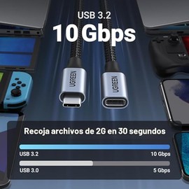 UGREEN Cable de extensión USB C (10 Gbps/100 W), extensor USB C, carga rápida y transferencia tipo C macho a hembra, compatible con PSVR2/MacBook Air 