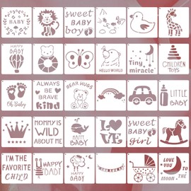 30PCS Baby Shower Themed Stencils 5x5 Inch Reusable Painting Stencils Baby Onesie Stencil Mixed Phrase Painting Templates Small Animals Template for DIY Art Painting Bodysuit Shirts Clothes