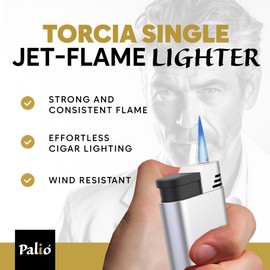 Palio Torcia Single Jet Flame Lighter, Refillable, Adjustable Torch Flame, Wind Resistant, Simple, Functional, Pocket Size, Durable Metal Body, Silver
