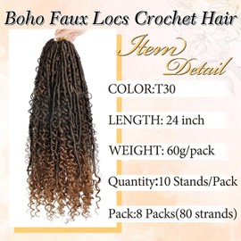 Boho Faux Locs Crochet Hair-24inch Goddess Locs Crochet Hair for Black Women 8 Packs Bohemian River Locs with Curly Ends Pre-Looped Long Synthetic Soft Hair Extensions(24inch T30)