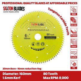 Saxton TCT16080TPRO Professional Range TCT Circular Blade 160mm x 80T x 20mm bore, 16mm ring